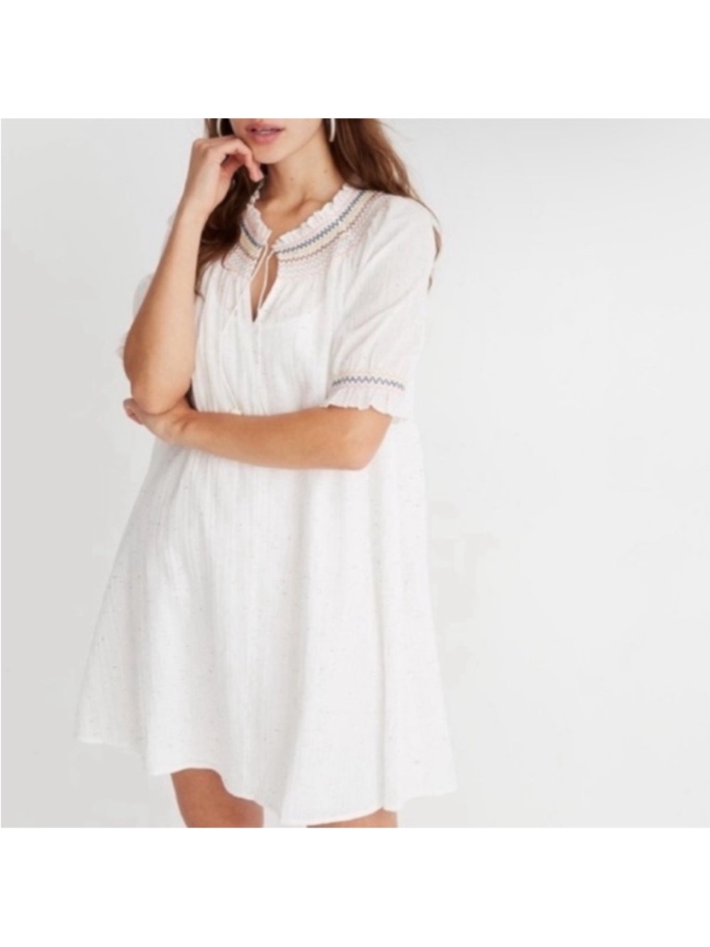 Madewell Smocked Confetti Gauze Mini Dress with Pom Pom Tassels